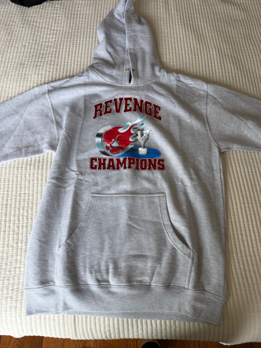 Revenge Clothing Gray Hoodie with Red and Blue Graphic